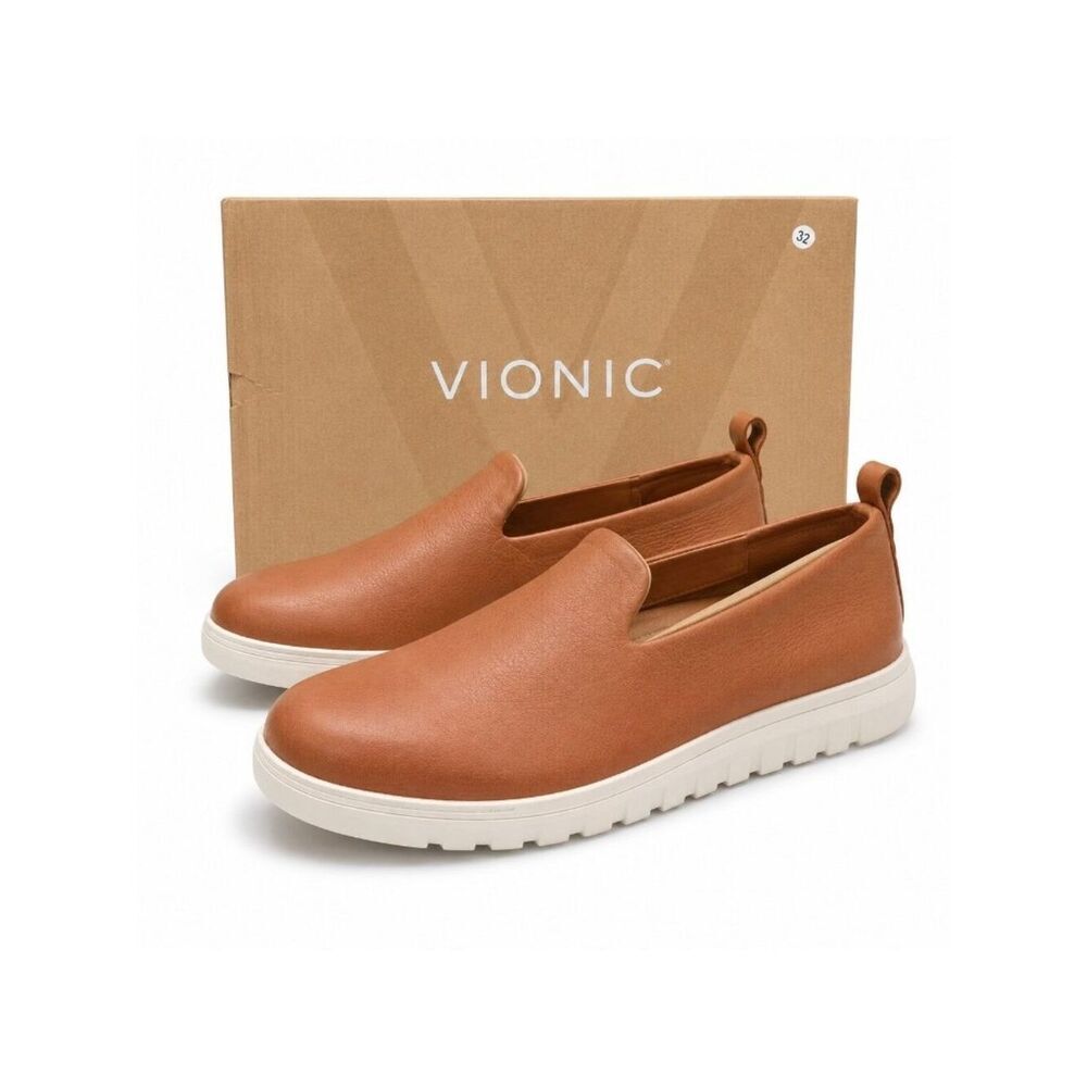 Vionic Uptown Willa Tan Leather Slip On Sneakers Women’s 7 Wide Arch Support